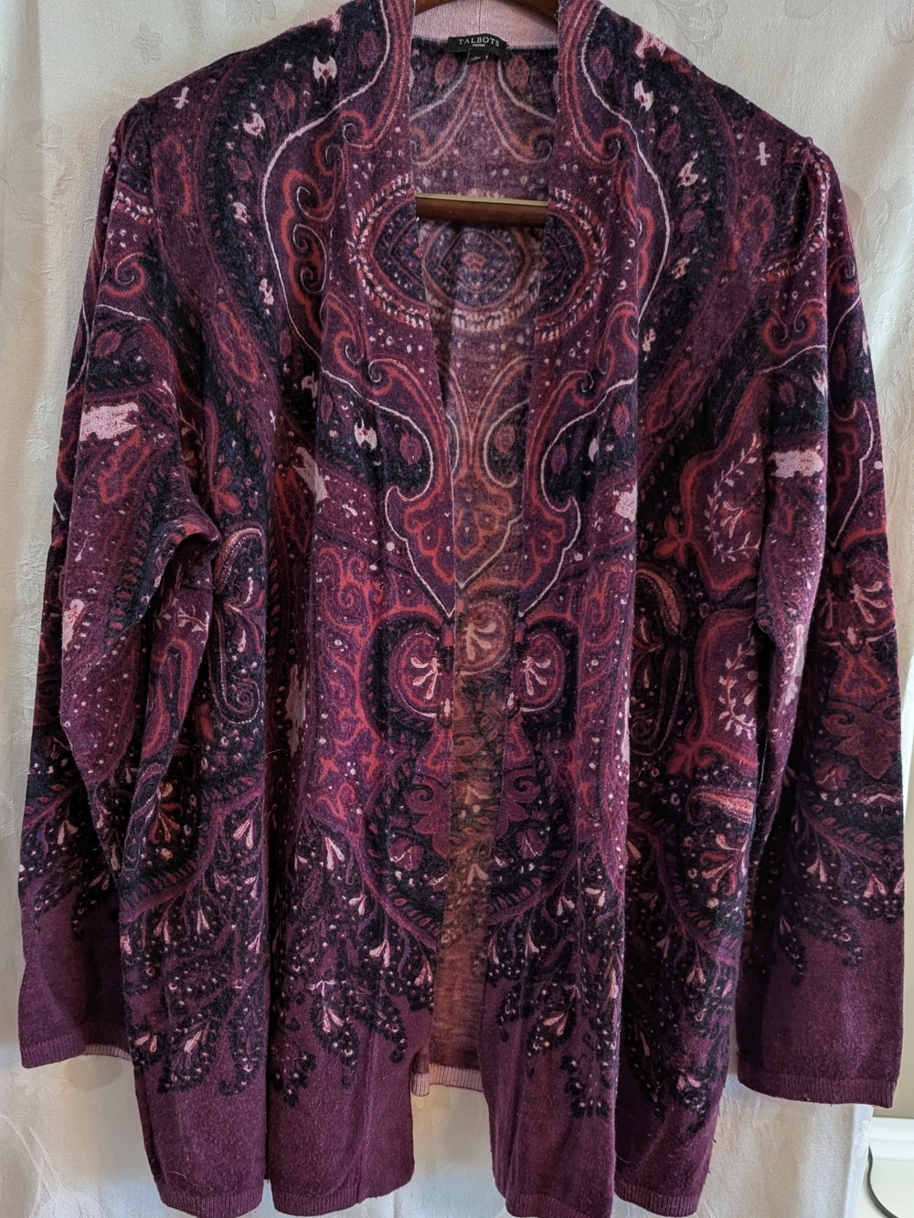 Talbots Purple Paisley Open-Front Cardigan Sweater